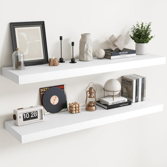 Floating Shelves for Wall with Invisible Brackets, Wall Mounted Engineered Wood Shelves with Wood Grain for Living Room, Bedroom, Bathroom, Kitchen Decor and Storage, Oak, 55"L Set of 2, White