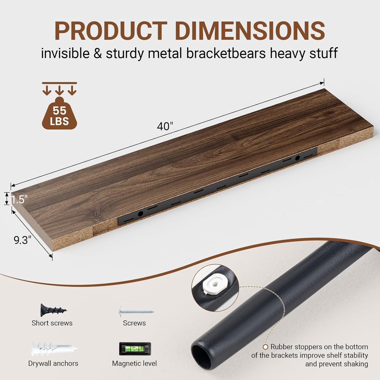 Heimlove 40 Inches Floating Shelves for Wall,9.3" Deep Walnut Long Floating Shelves Set of 2,Large Display Shelf & Storage Shelf,Wall Shelf for Bathroom Bedroom Living Room Kitchen Office