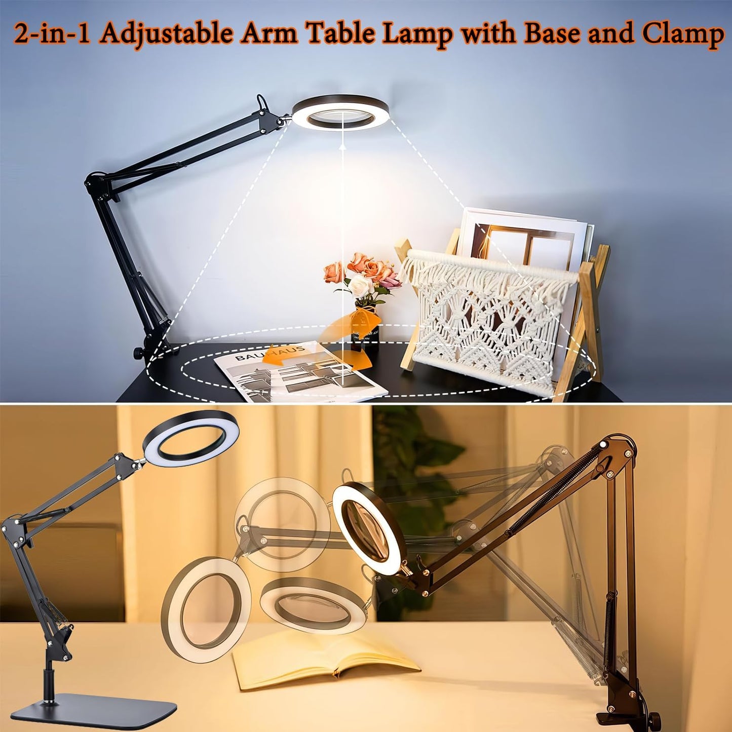 15X Magnifying Glass Lamp with Clamp and Stand, 72 LEDs Desk Lamp with 3 Color Temperatures and 10 Levels Adjustable Brightness for Diamond Art Accessories Hobbies Crafts Reading Close Work Magnifier