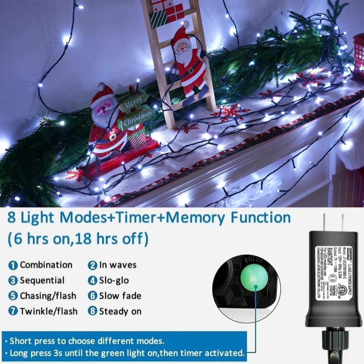 YEGUO 66ft 200 LED Christmas Lights Outdoor Waterproof, White Christmas Tree Light Indoor, Green Wire Twinkle String Light Plug in with Timer Memory 8 Modes
