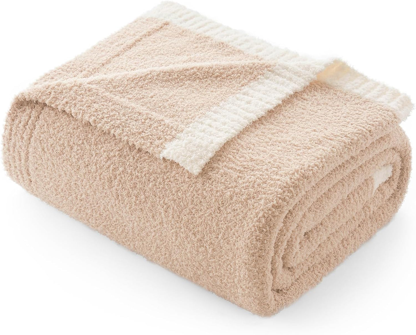 Snuggle Sac Ultra Soft Throw Blanket for Couch Bed Sofa 50x60 inches, Reversible Beige Blanket Microfiber Fluffy Fuzzy Cozy Knit Throws for Women Mothers Birthday Gifts