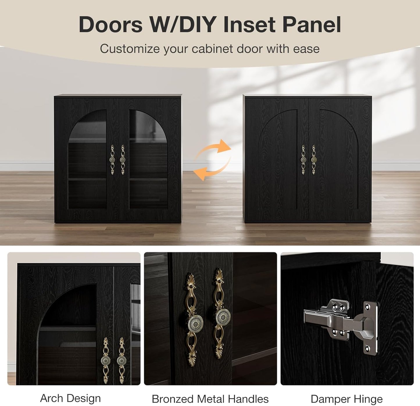 Modular Buffet Storage Cabinet, Glass 4-Door Kitchen Sideboard Buffet Console w/Adjustable Shelves, Wood Modular Organizer for Kitchen Living Room, 63 Inch