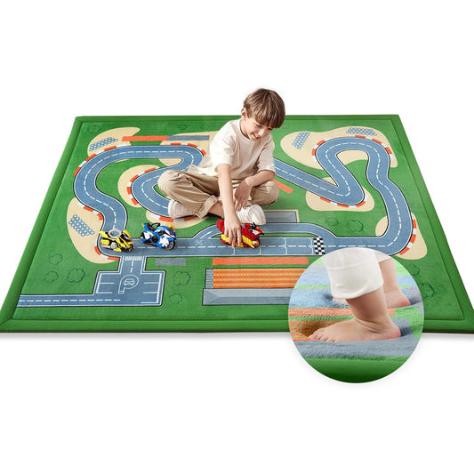1.3" Thick Educational Baby Floor Play Mat 39x59, Basic Padded Memory Foam Kids Mat, Non-Slip Plush Playmat for Nursery Playroom Classroom (Race Track)