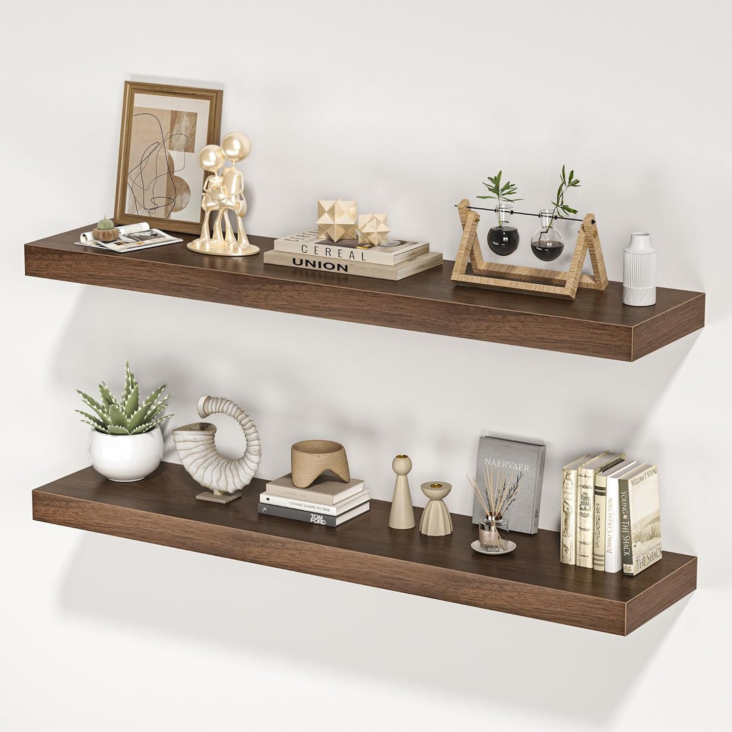 Floating Shelves for Wall, 40" W x 8" D x 1.5" H, Wooden Wall Mounted Display Shelves with Invisible Brackets for Living Room, Bedroom, Bathroom, Kitchen Decor and Storage, Set of 2, Walnut