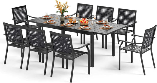 PHI VILLA 9 Pieces Outdoor Dining Set for 8, Expandable Metal Long Table and Stackable Wrought Iron Chairs, Large Furniture Set for Patio, Deck, Yard, Porch
