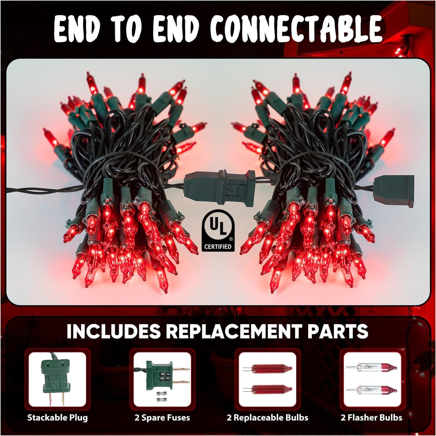 Red Christmas Lights, 13FT 50 Count Incandescent Mini String Lights with Green Wire, UL Certified Connectable Valentine's Day Lights for Indoor Outdoor Garland Party Xmas Holiday