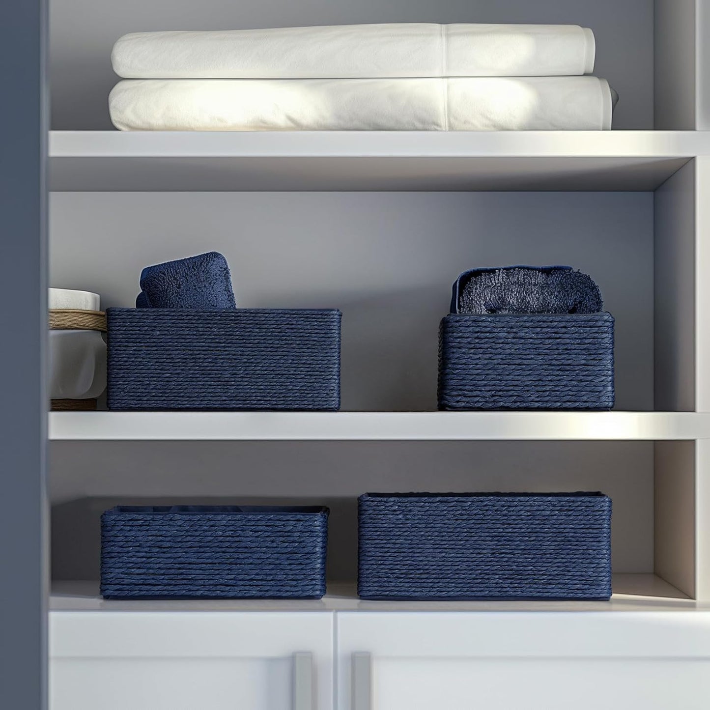 LA JOLIE MUSE Storage Baskets for Organizing - Set of 4 Sturdy Woven Paper Rope Decorative, Stackable Wicker Baskets for Makeup Closet, Bathroom, Bedroom (Navy Blue)