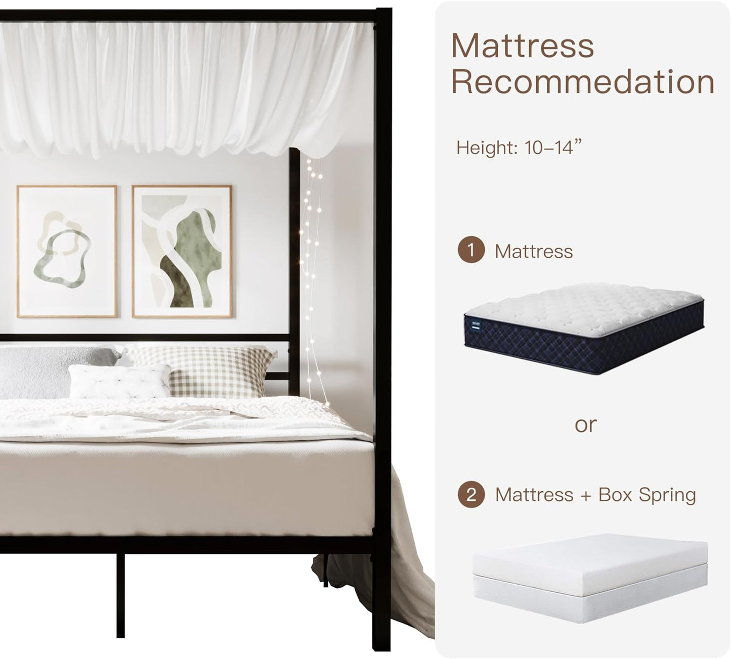 ikalido Full Size Metal Canopy Bed Frame, Modern Four-Poster Platform Bed Frame, Mattress Foundation, Under-Bed Storage Space, No Box Spring Needed, Black