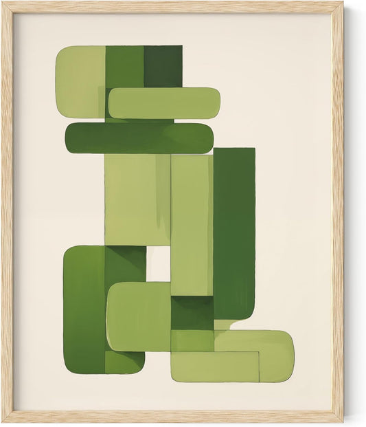 HAUS AND HUES Modern Abstract Wall Art - Blue and Green Living Room Art, Modern Artwork for Walls, Minimalist Picture for Living Room(Green Geometric, Beige Frame, 16x20)