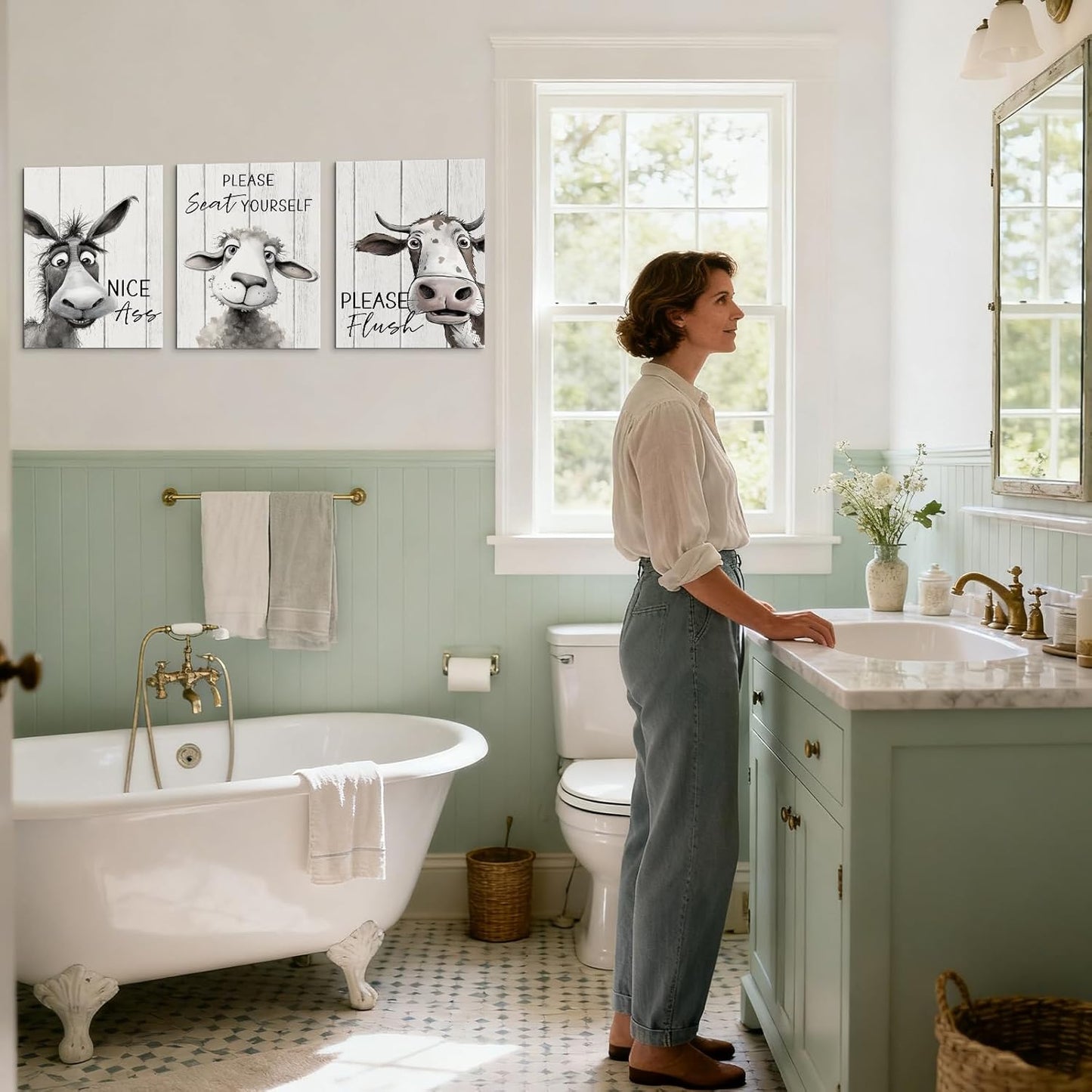 Mistyefly Funny Bathroom Quote Canvas Wall Art with Built-in Wooden Frame - Funny Animal Wall Art & Cow Sheep Donkey Pictures for Bathroom - Lightweight, Ready to Hang, 24x36x3 Inches