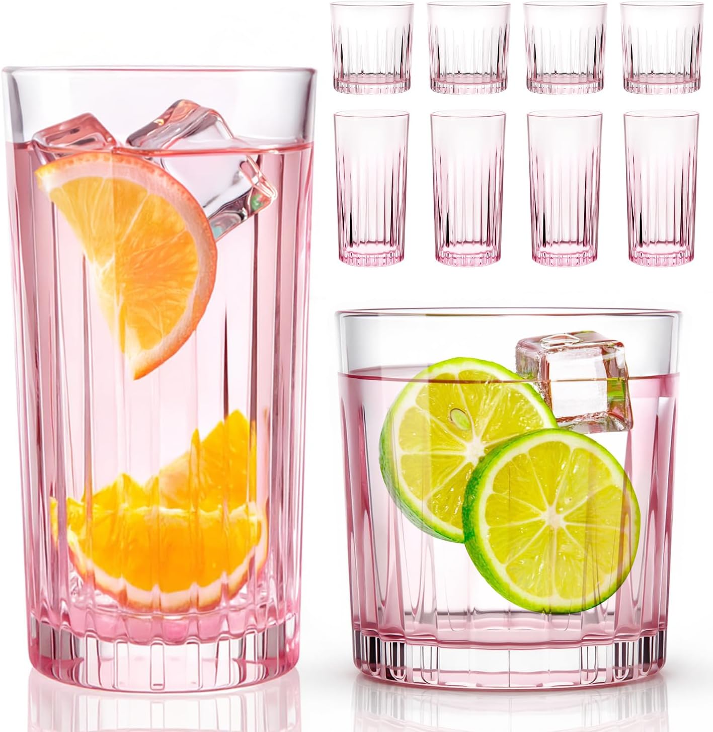 Laerjin Drinking Glasses Set of 8, 12 oz Highball Glasses & 10 oz Cocktail Glasses Set, Glassware Drinking Glasses, Glassware Sets for Cocktail, Beer, Wine, Whiskey, Water & Juice Drinkware(Pink)