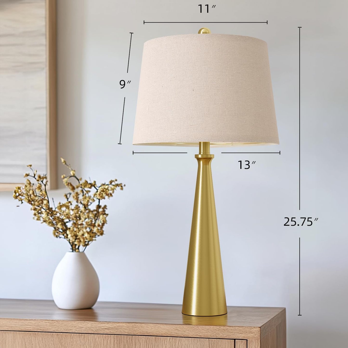 Oneach 25.75" Modern Table Lamp Set of 2, Bedside Lamps with USB Ports, Brass Gold Nightstand Lamps Set for Living Room Bedroom House Bedside Home Office Family
