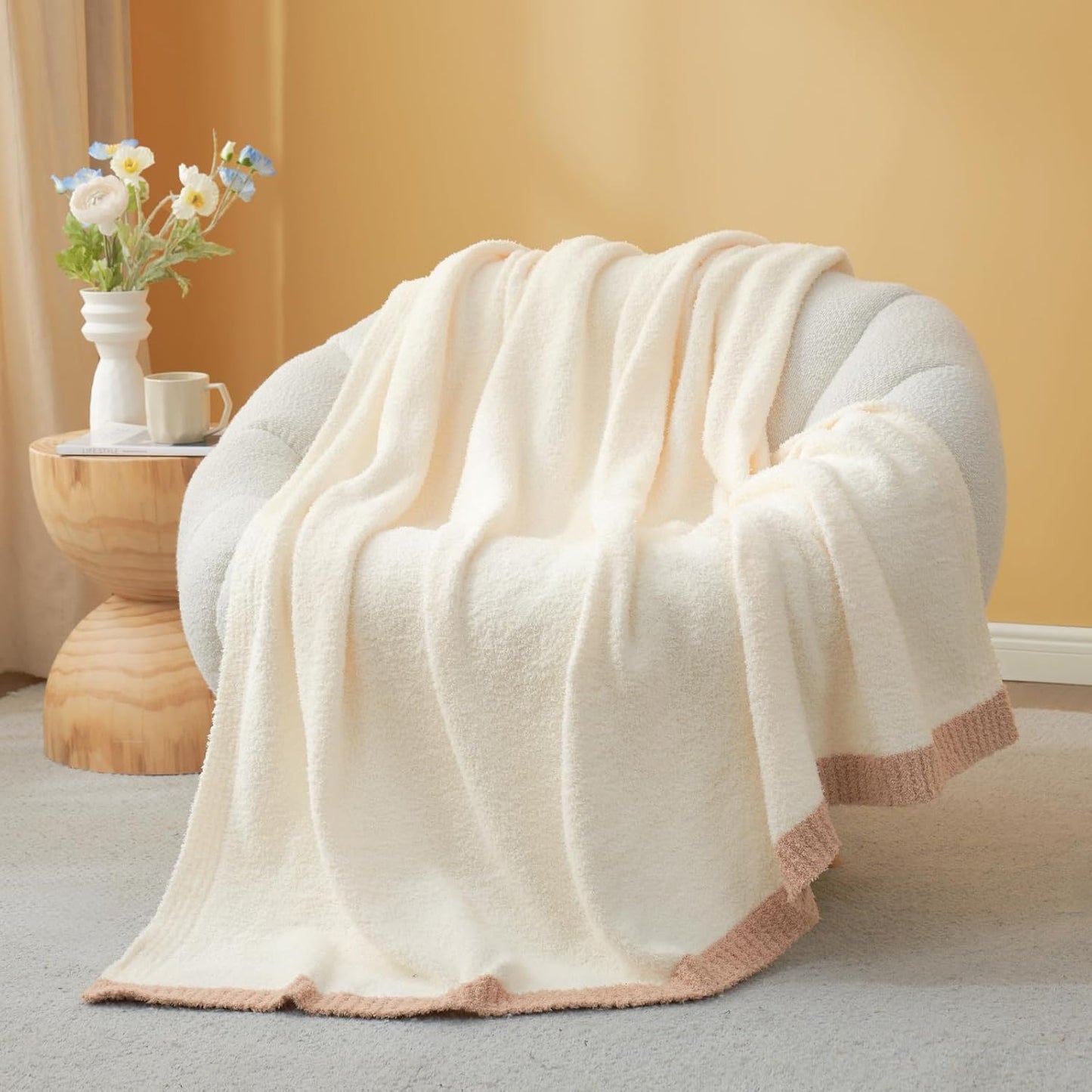 Snuggle Sac Ultra Soft Throw Blanket for Couch Bed Sofa 50x60 inches, Reversible Cream Blanket Microfiber Fluffy Fuzzy Cozy Knit Throws for Women Mothers Birthday Gifts