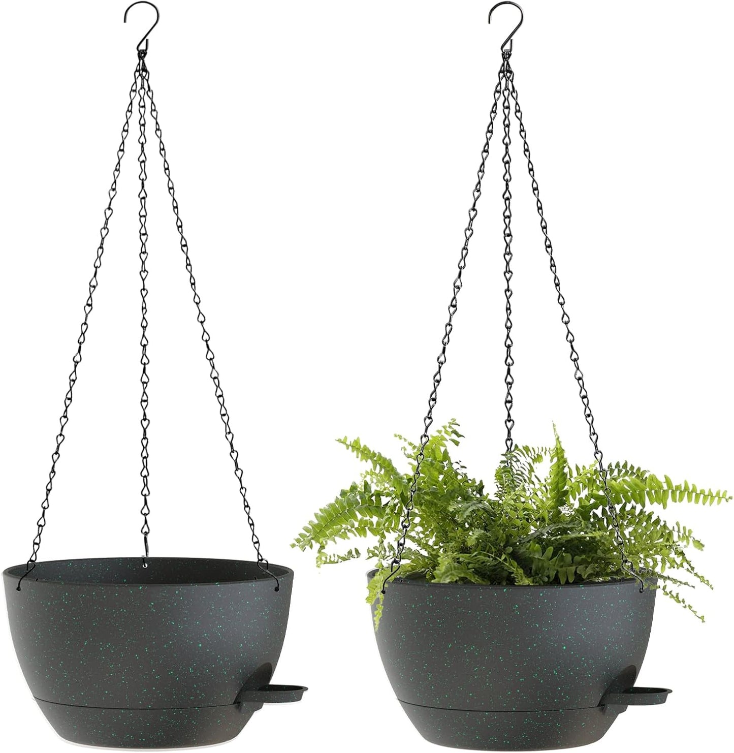 10 Inch Hanging Baskets 2 PC with Chains, Self-Watering Hanging Planters for Indoor Outdoor Plants, Plastic Hanging Flower Pots,Black with Green Speckles