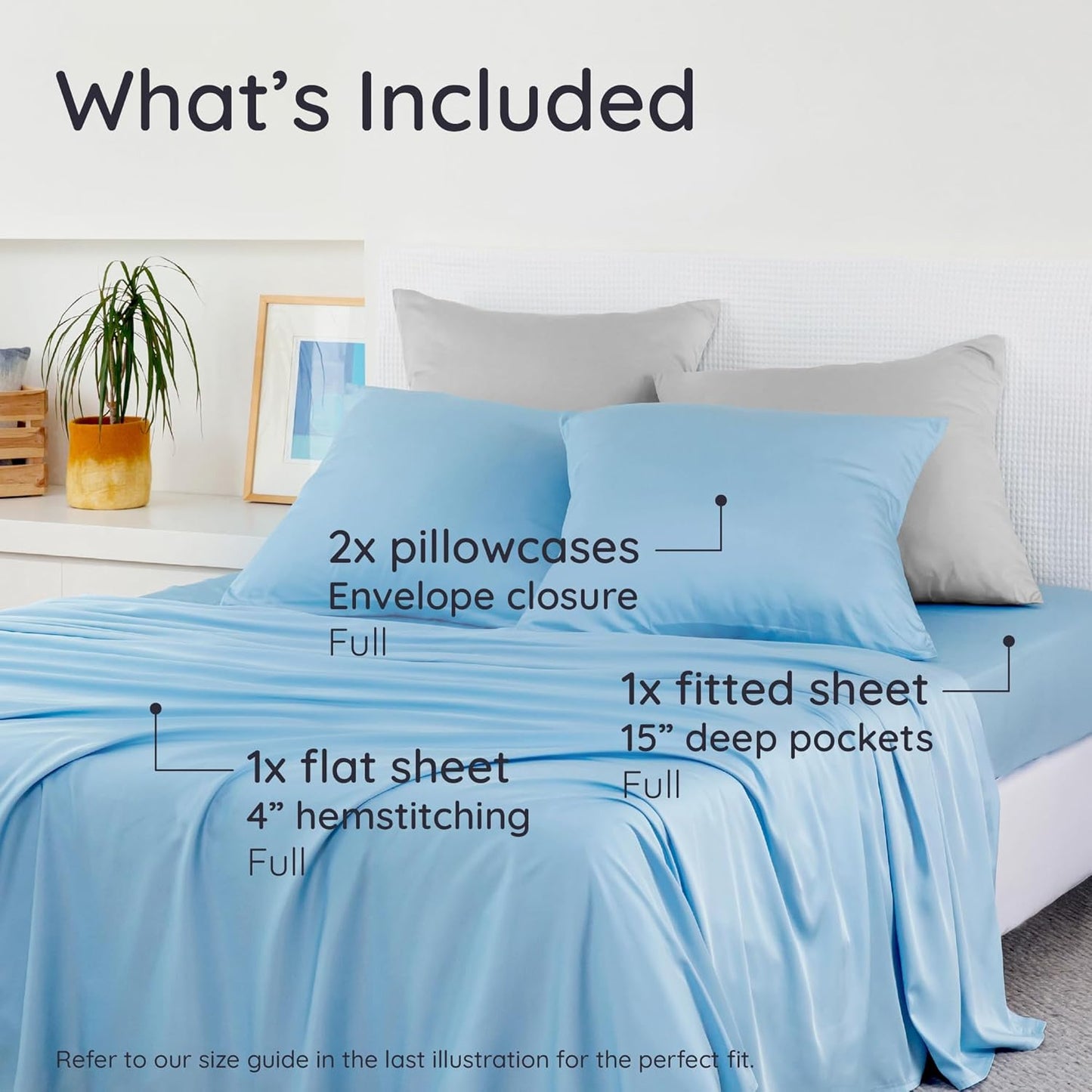 Bambaw Full Sheet Set 4pcs – 100% Viscose Derived from Bamboo Cooling Sheets Full Size Set, Temperature Regulating Sheets, with Elastic Corner Straps, Super Soft Full Size Sheets (Dream Blue)