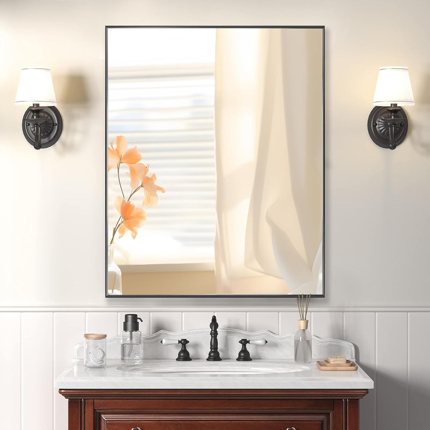 24x32 Inch Black Bathroom Mirror for Wall, Aluminum Frame Rectangle Rectangular Vanity Mirror, Modern Large for Bedroom, Living Room, Horizontal or Vertical