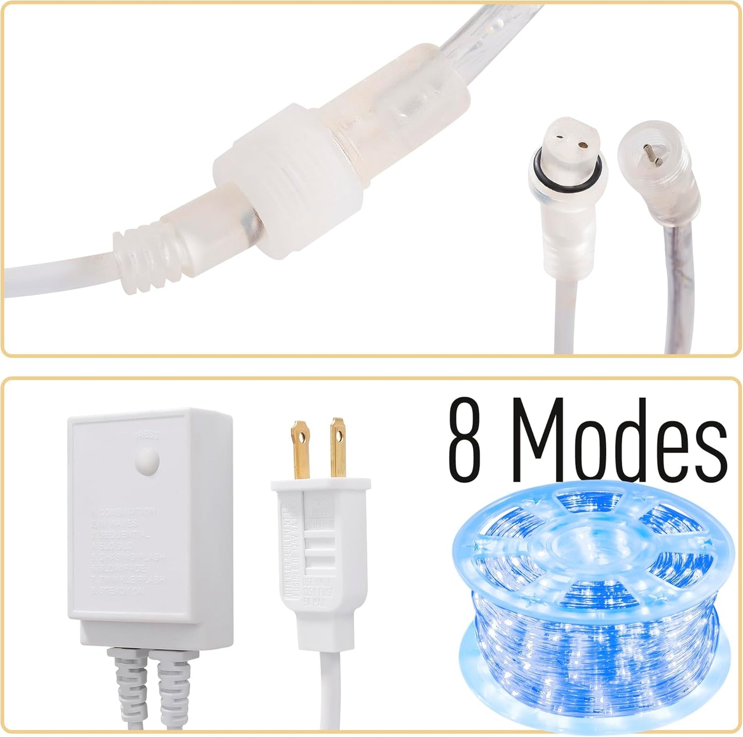 Waterproof LED Rope Lights, Connectable & Flexible with 8 Modes, Outdoor Lighting for Deck, Garden, Pool, Patio & Christmas Decor (Blue, 100ft)