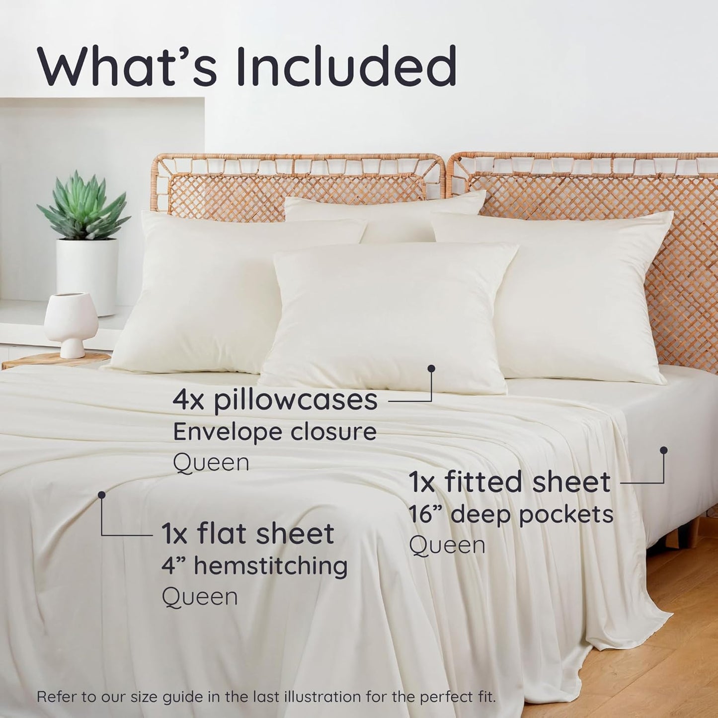 Bambaw Queen Sheet Set 6pcs – 100% Viscose Derived from Bamboo Sheets Queen Size Deep Pocket, Fits Up to 16'' with Elastic Corner Straps, Breathable & Cooling Sheets, Bedding for Night Sweats (Ivory)