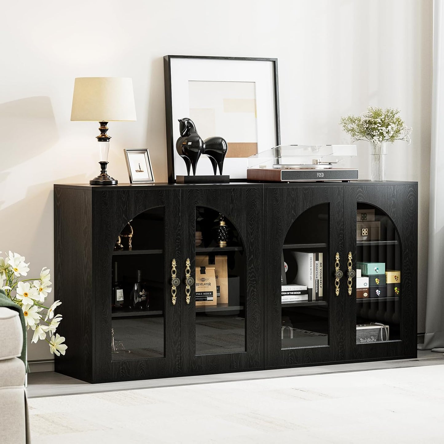 Modular Buffet Storage Cabinet, Glass 4-Door Kitchen Sideboard Buffet Console w/Adjustable Shelves, Wood Modular Organizer for Kitchen Living Room, 63 Inch