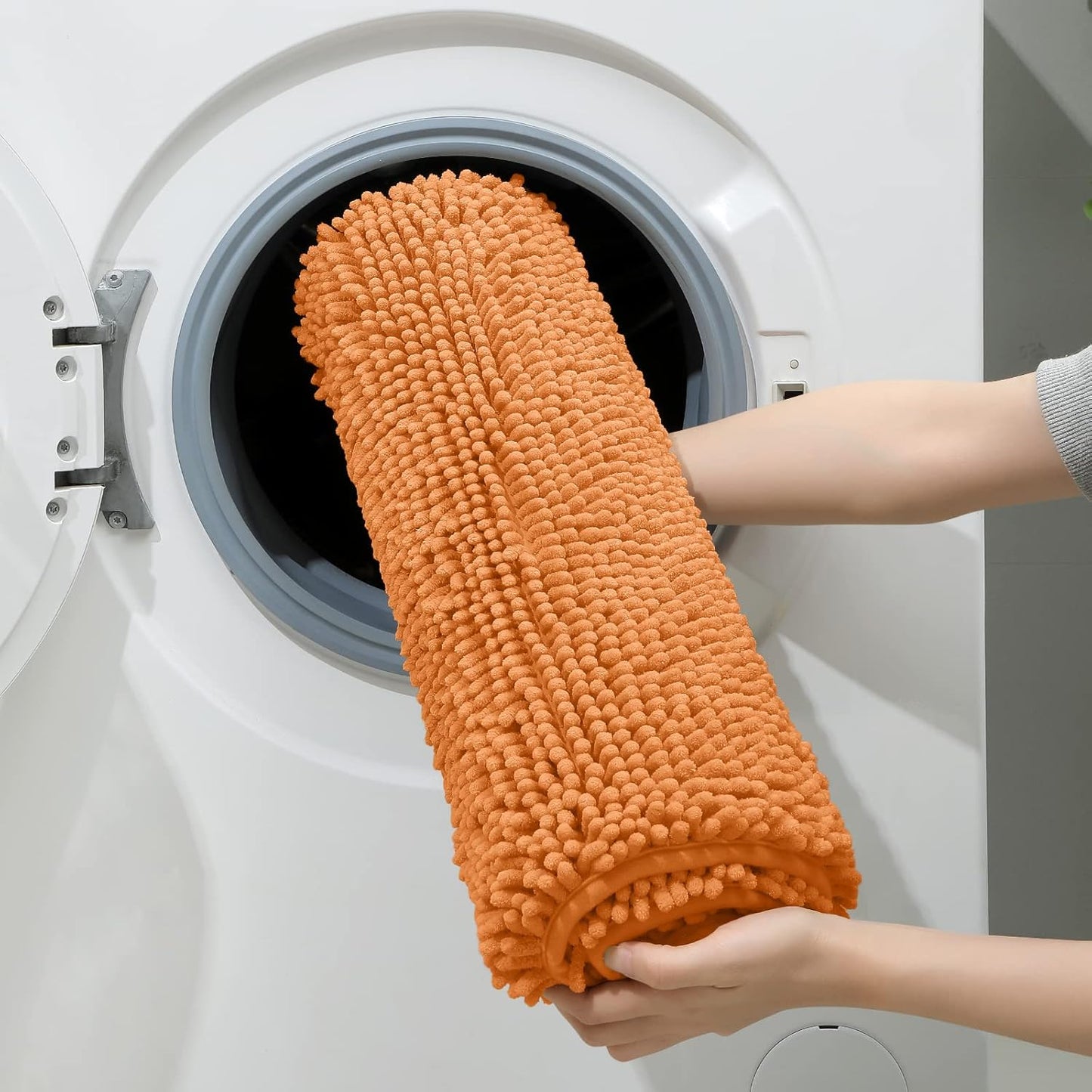 HOMEIDEAS 3 Pieces Bathroom Rugs, Ultra Soft Non Slip Absorbent Chenille Toilet Bath Mat Set (Orange,17"x24"+20"x32"+U Shape 20"x24")