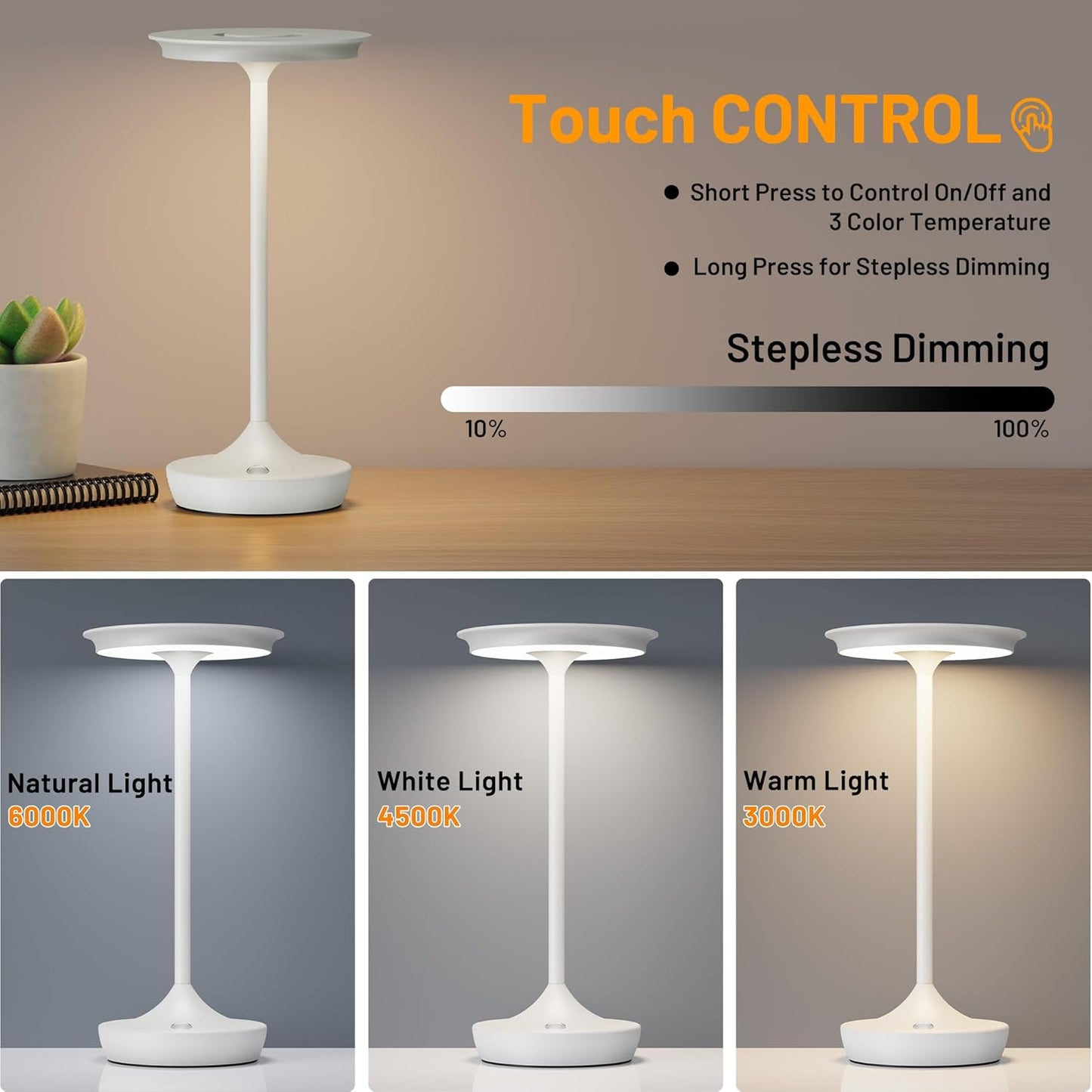 YHT Cordless Rechargeable Table Lamps, Portable 6000mAh Battery Desk Lamp Waterproof 3 Color Stepless Dimming LED Table Light with Memory Function for Outdoor/Dinning/Patio/Restaurant (White 2Pack)