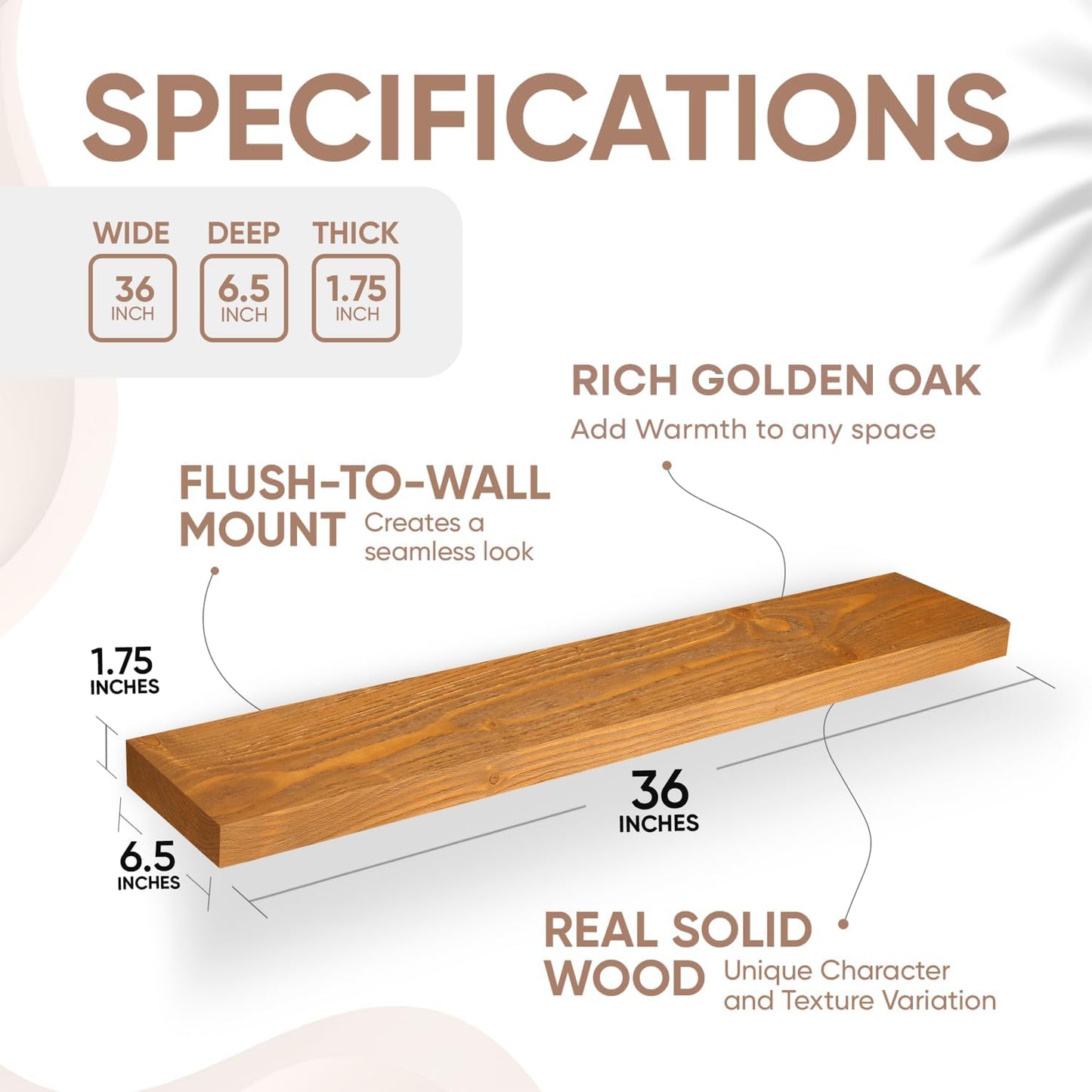 Homeforia 36 inch Golden Oak Floating Shelf, High End Solid Real Wood 36inch Small Floating Shelves for Wall Mounted, Oak Wooden 36in Floating Shelves, Heavy Duty Bracket, 36 X 6.5 X 1.75 in, Set of 4