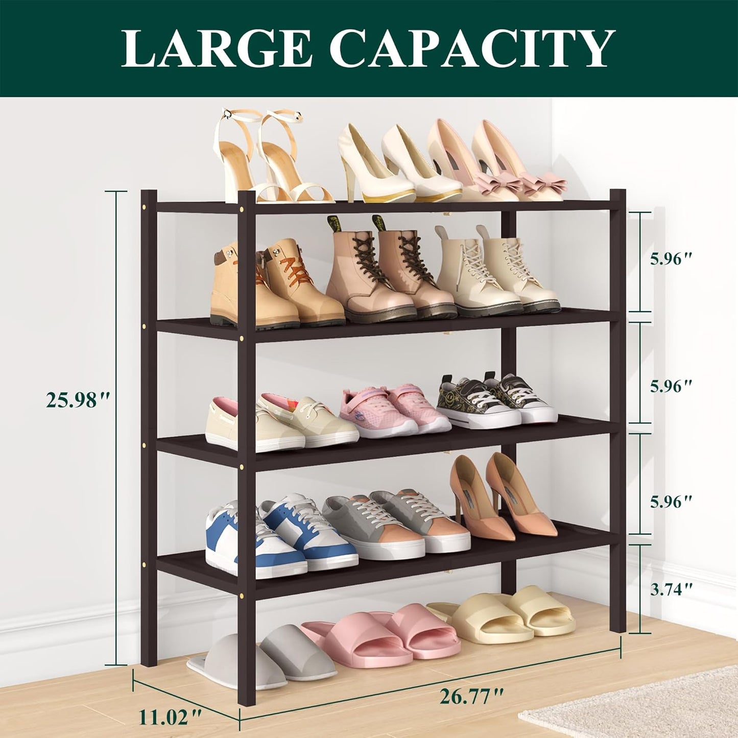 Smiry Bamboo Shoe Rack, 4 Tier Shoe Organizer for Entryway & Closet, Stackable Free Standing Storage Shelf for Shoes, Bags & Plants, Brown