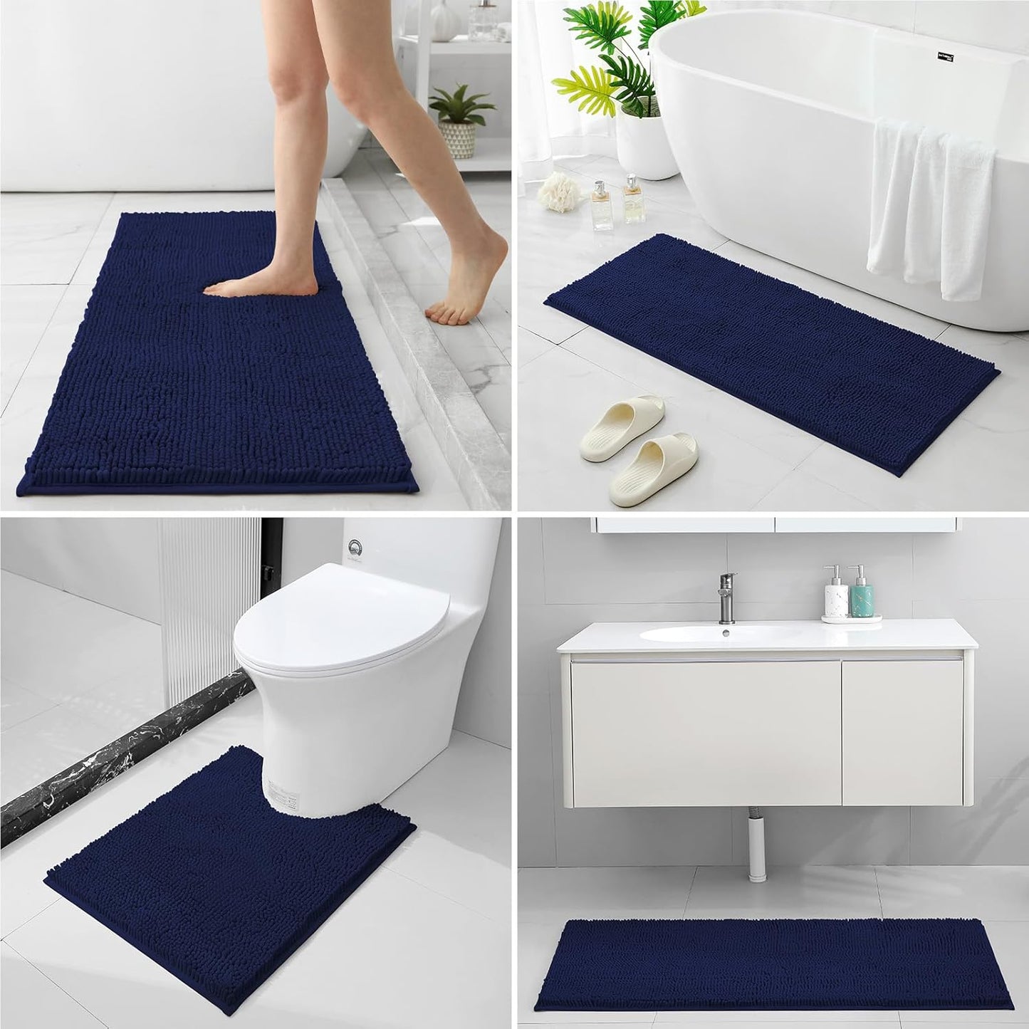 HOMEIDEAS 3 Pieces Bathroom Rugs, Ultra Soft Non Slip Absorbent Chenille Toilet Bath Mat Set (Blue-Navy Blue, 17"x24"+20"x48"+U Shape 20"x24")