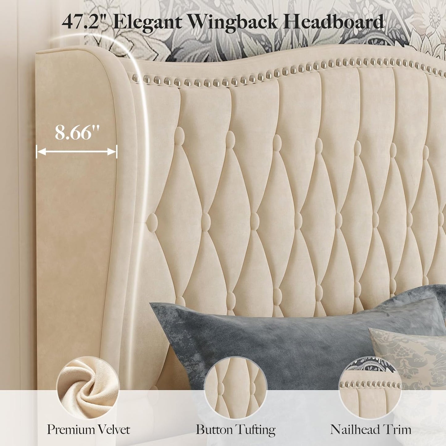 Belffin King Bed Frame and Headboard, Luxury Upholstered Velvet Platform Bed with Wingback, Button Tufted & Nailhead Trim, Anti-Slide Tall Footboard, No Box Spring Needed, Noise-Free, Beige