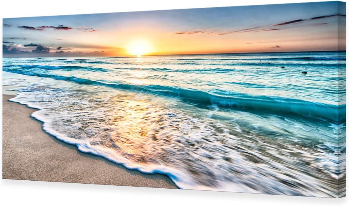 Baisuart S02275 Canvas Prints Wall Art Beach Sunset Ocean Waves Nature Pictures Stretched Pictures to Photo Paintings on Canvas for Home Office Decorations Wall Décor XXLarge 30x60inch