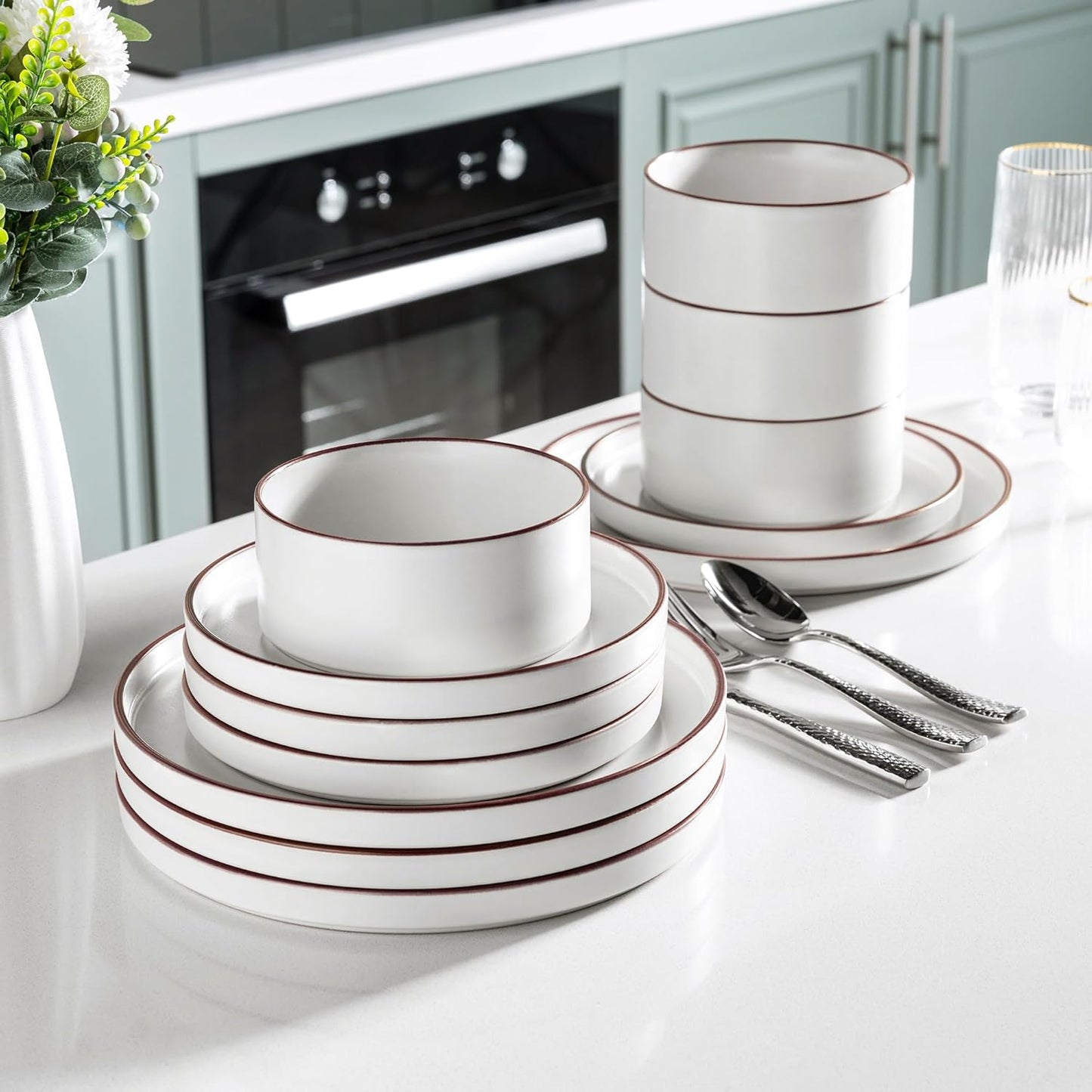 LERATIO Ceramic Dinnerware Sets for 8, High Edge Stoneware Plates and Bowls Set, Chip and Crack Resistant | Oven & Dishwasher & Microwave Safe Dishes Set, Service for 8 -Vanilla White