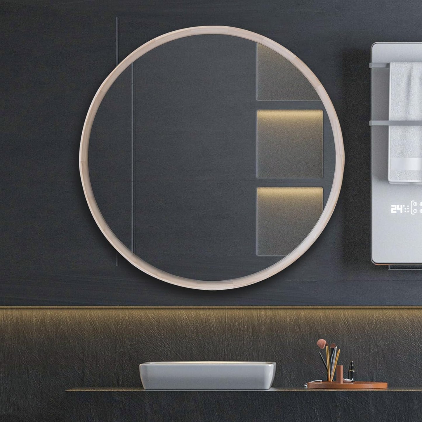 Natural Wood Round Mirror, 28 Inch - Large Wall Circle Mirror for Bathroom or Nursery Decor