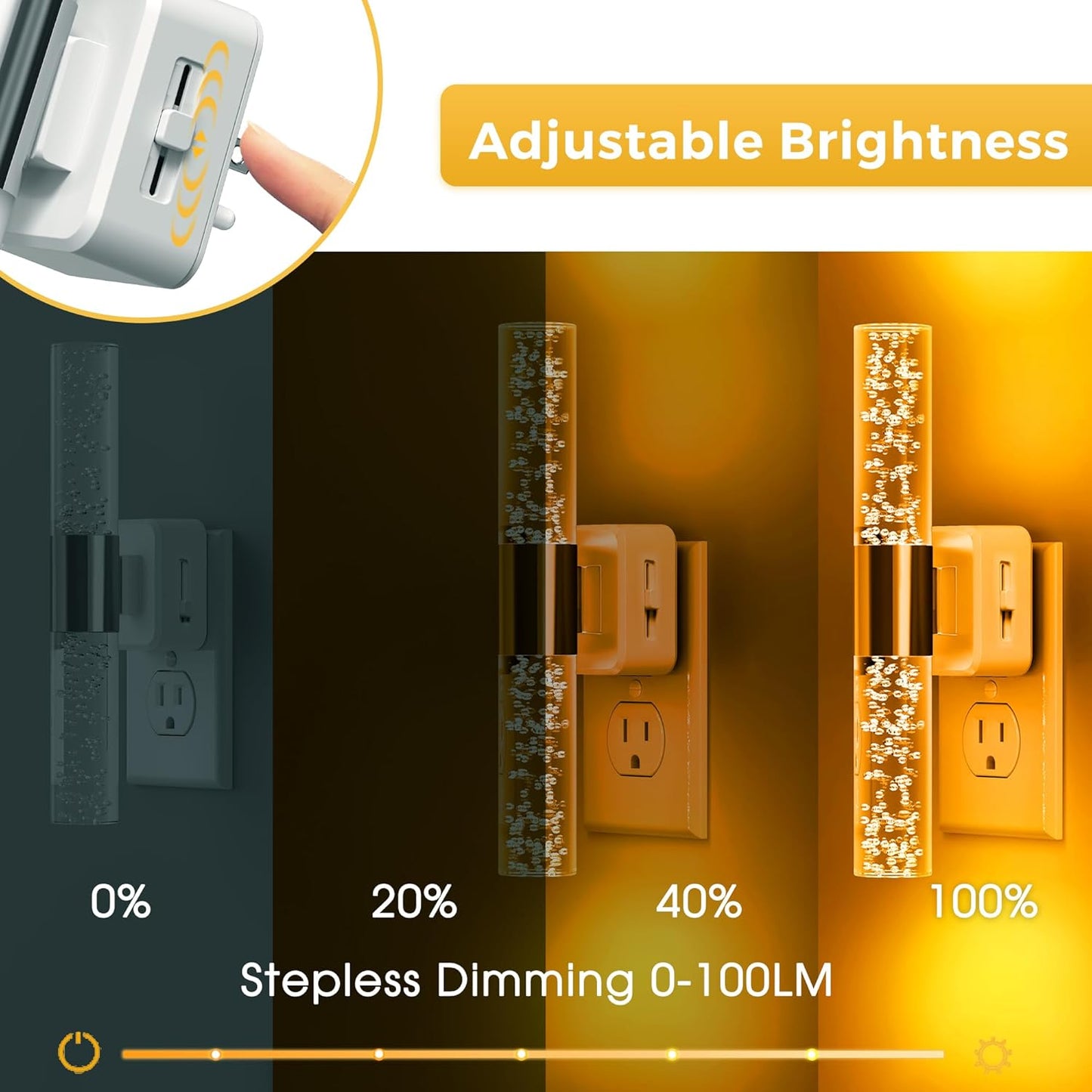 L LOHAS LED Amber Night Light, 2-Pack, Bubble Acrylic Night Lights Plug into Wall, 180° Rotating Nightlights, Light Sensor, Yellow Nightlights Dimmable, Sleep Light for Kids Bedroom Bathroom Hallway