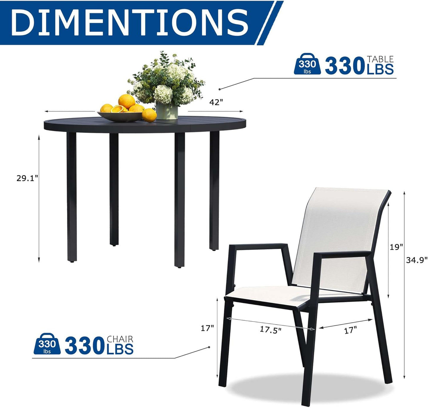 5 Piece Outdoor Dining Set, Patio Table and Chairs Set of 4, 42" Black Round Patio Table with 4 Oyster Beige Stackable Patio Chairs for Lawn, Garden, Porch