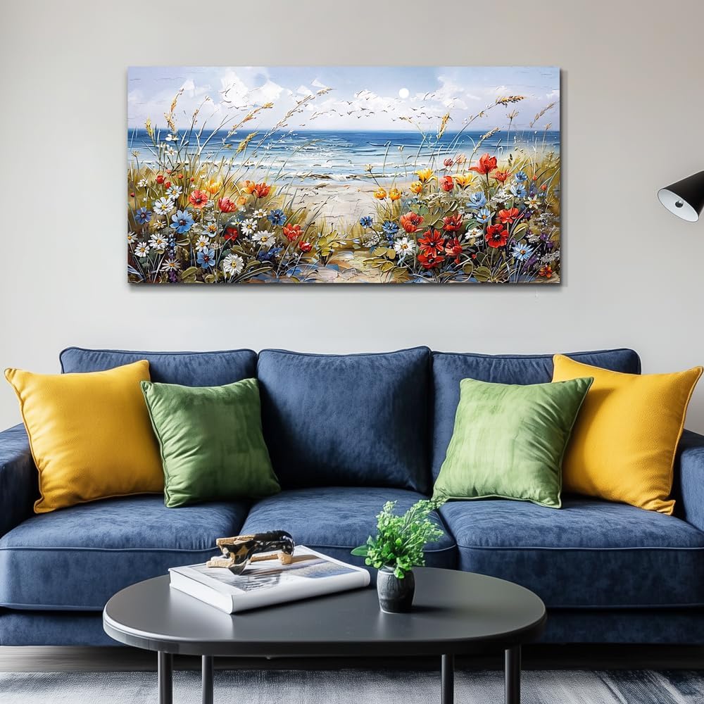 MHARTK66 Large Canvas Wall Art Flowers Farmhouse Bedroom Wall Painting Wall Decor For Living Room Office Blue Watercolor Print Nature Artwork For Walls Ocean Poster Modern Home Decorations 24x48