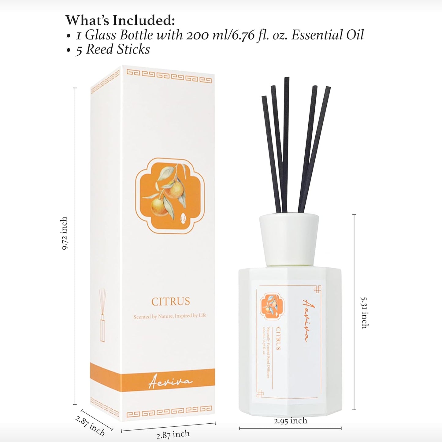 Reed Diffuser Set, Citrus Scented Oil Diffuser, 6.76 fl oz (200 ml) Home Fragrance Diffuser with Reed Sticks, Air Fresheners for Home, Bathroom Shelf Decor