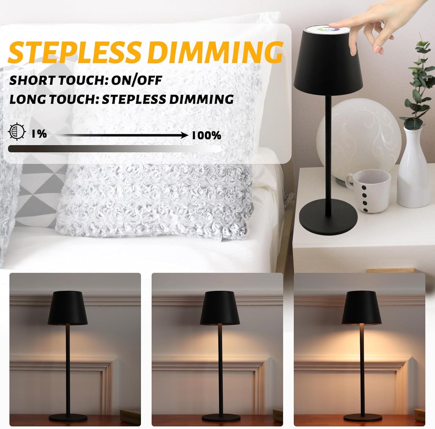 Maksone 2 Pack LED Cordless Table Lamp, 6600mWh Rechargeable Battery Desk Lamp, 3000K Stepless Dimming Night Light, IP54 Waterproof Metal Outdoor Portable Lamp for Restaurant, Patio (Black)