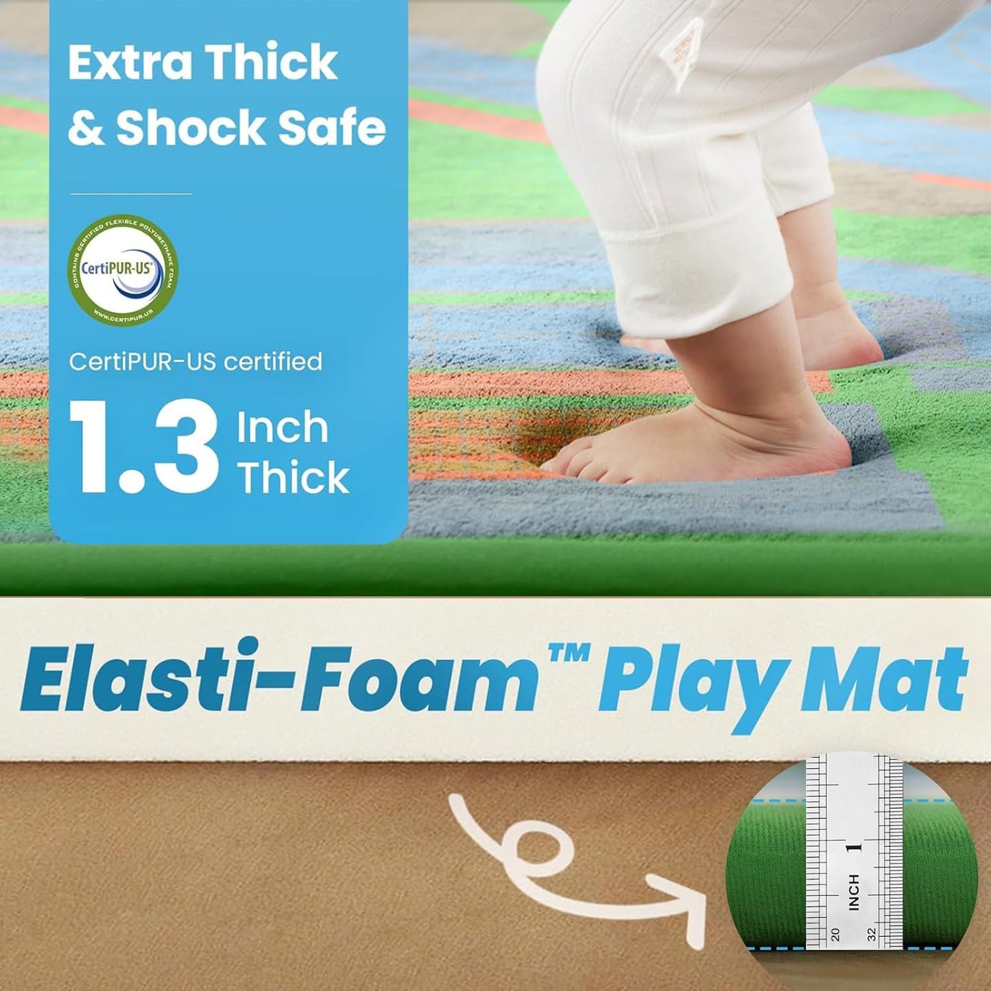 1.3" Thick Educational Baby Floor Play Mat 59x79, Basic Padded Memory Foam Kids Mat, Non-Slip Plush Playmat for Nursery Playroom Classroom (Race Track)