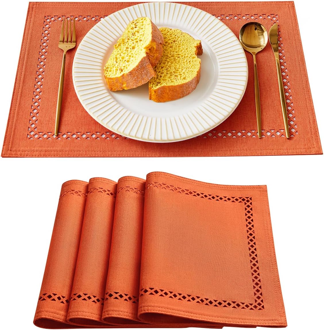 Fall Placemats Set of 4, 12 x 18 Inch Rustic Geometric Hollow Place Mats, Orange Heat Resistant Placemats for Autumn Thanksgiving Farmhouse Table Decor, Orange 4PCS