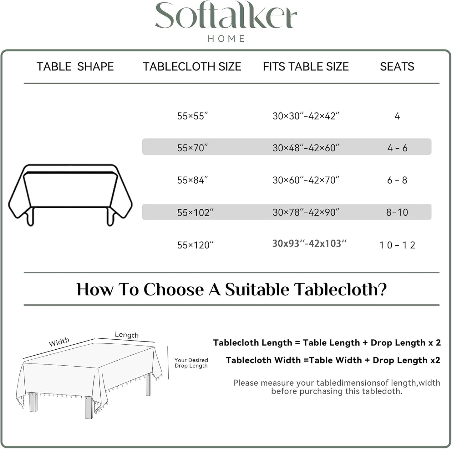 Softalker Checkered Tablecloth Rectangle, Heavy Weight Linen Gingham Christmas Table Cloth with Tassel, Washable Wrinkle Free Buffalo Plaid Table Cover for Dining/Party/Home - 55 x 120 Inch, Sage