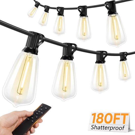 Brightever 180FT LED Outdoor String Lights, Dimmable Patio Lights with Remote Control, 56 Shatterproof ST38 Edison Bulbs, 3 Lighting Modes, 3H/5H Timer, Outdoor Hanging Light for Pool，Fence, Garden