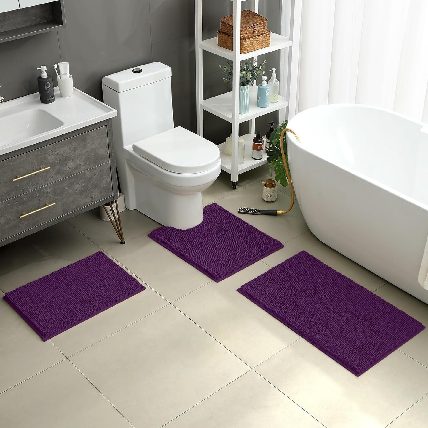 HOMEIDEAS 3 Pieces Bathroom Rugs, Ultra Soft Non Slip Absorbent Chenille Toilet Bath Mat Set (Purple,17"x24"+20"x32"+U Shape 20"x24")