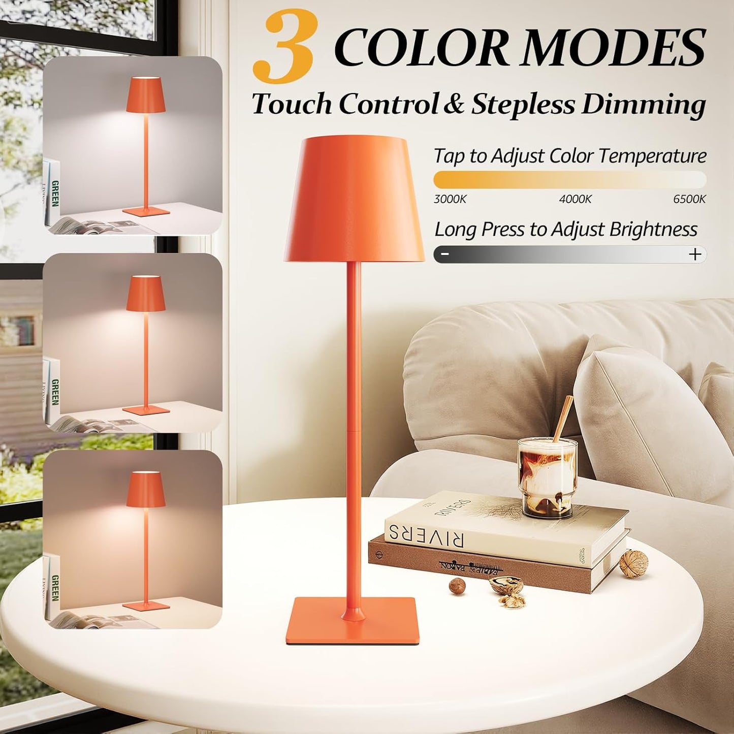 2 Pack Cordless Table Lamps, 3 Colors Stepless Dimming, 5000mAh Rechargeable Battery LED Desk Lamp for Bedroom/Couple Dinner/Desk/Cafe/Dining Room/Terrace