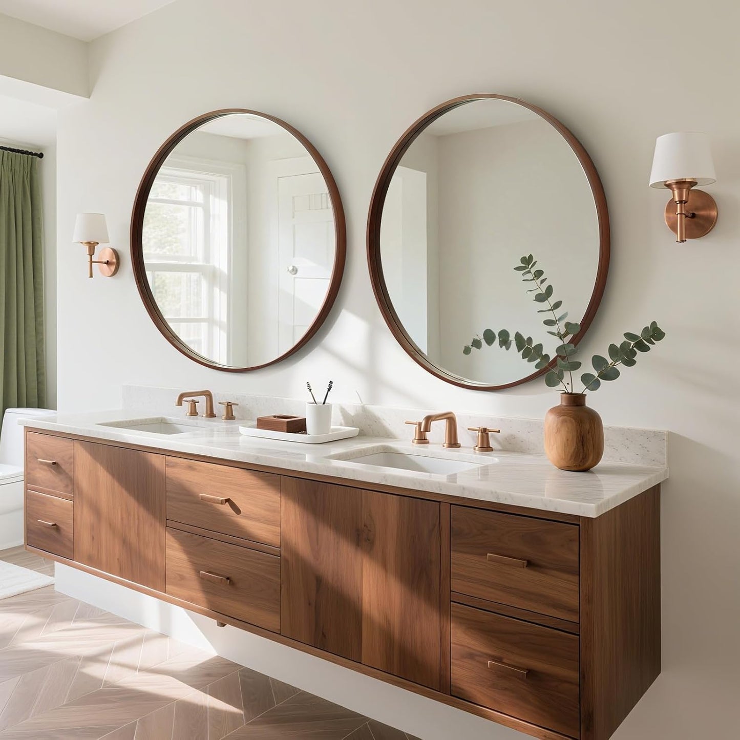 WallBeyond Round Wood Mirror, 32" Round Modern Decoration Large Circle Wall Mirror for Bathroom Living Room Bedroom Entryway, Walnut