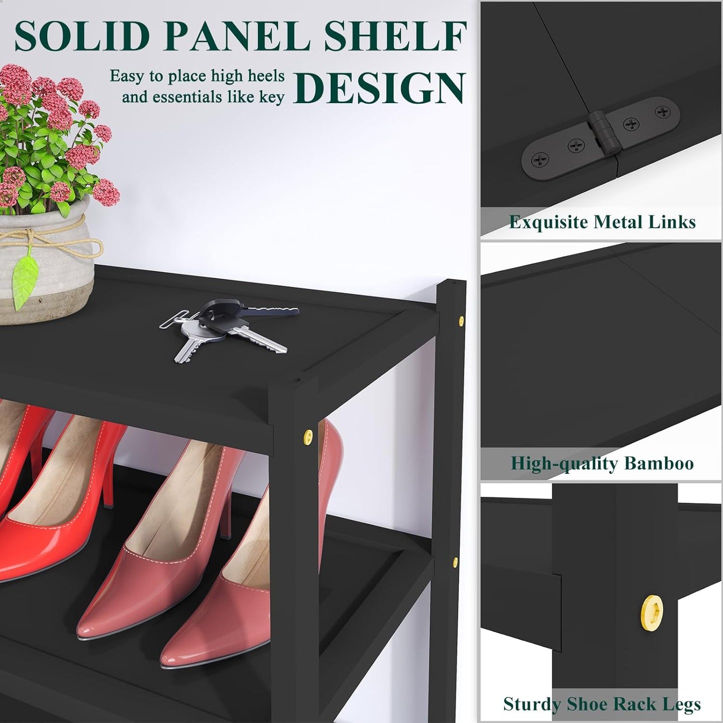 Smiry Bamboo Shoe Rack, 4 Tier Shoe Organizer for Entryway & Closet, Stackable Free Standing Storage Shelf for Shoes, Bags & Plants, Black