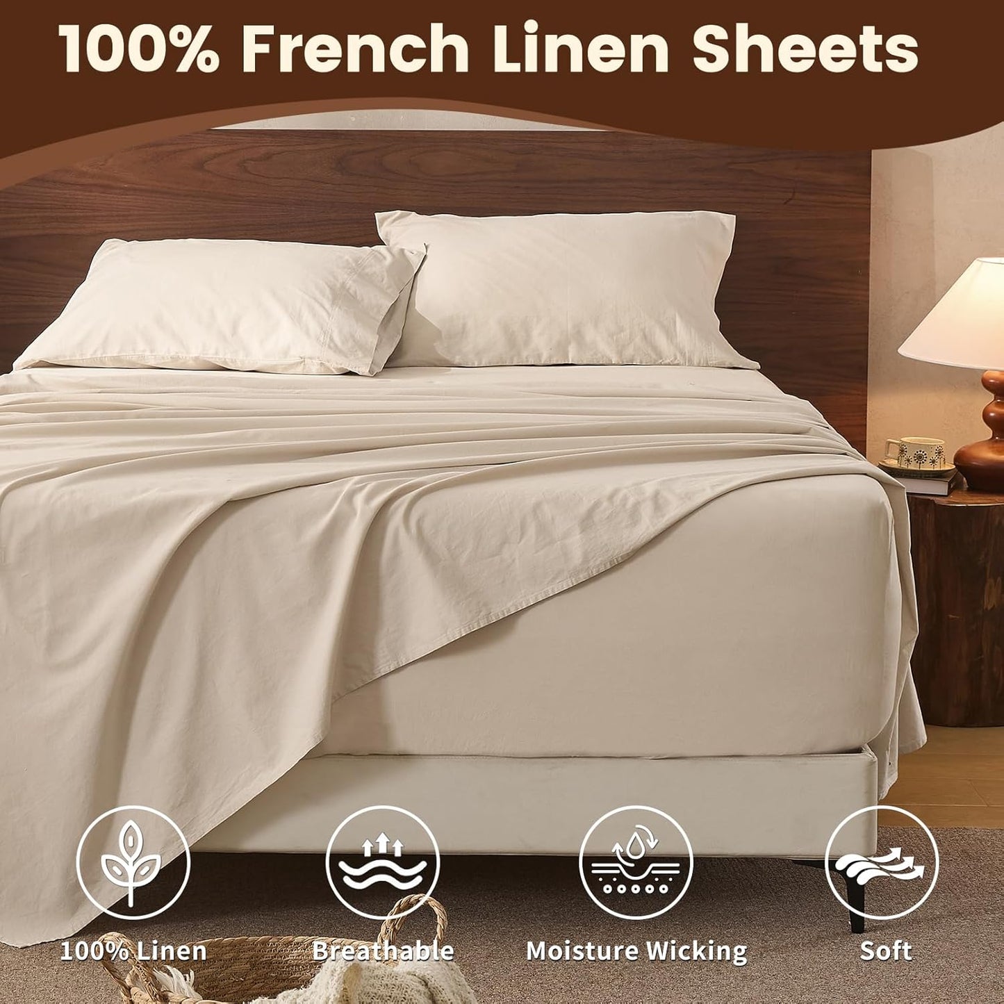 100% Linen Sheet Set Queen Size Extra Deep Pocket Fits 18-24 Inch Mattress, Breathable & Soft, Smooth 4-Piece Set for Thick Mattresses Hotel Luxury Bedding（Queen, Linen）