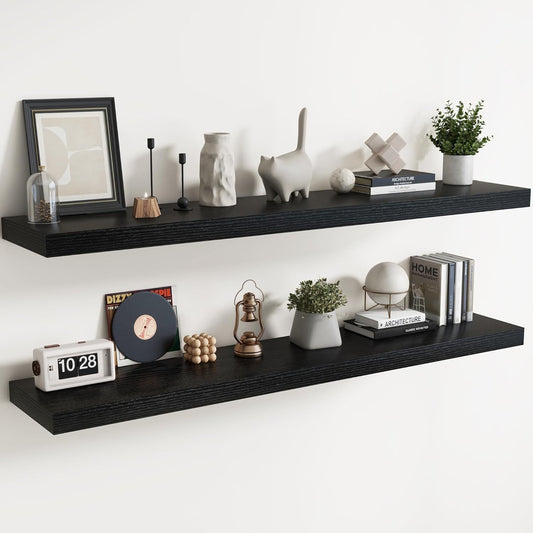 Floating Shelves for Wall with Invisible Brackets, Wall Mounted Engineered Wood Shelves with Wood Grain for Living Room, Bedroom, Bathroom, Kitchen Decor and Storage, Oak, 71"L Set of 2, Black