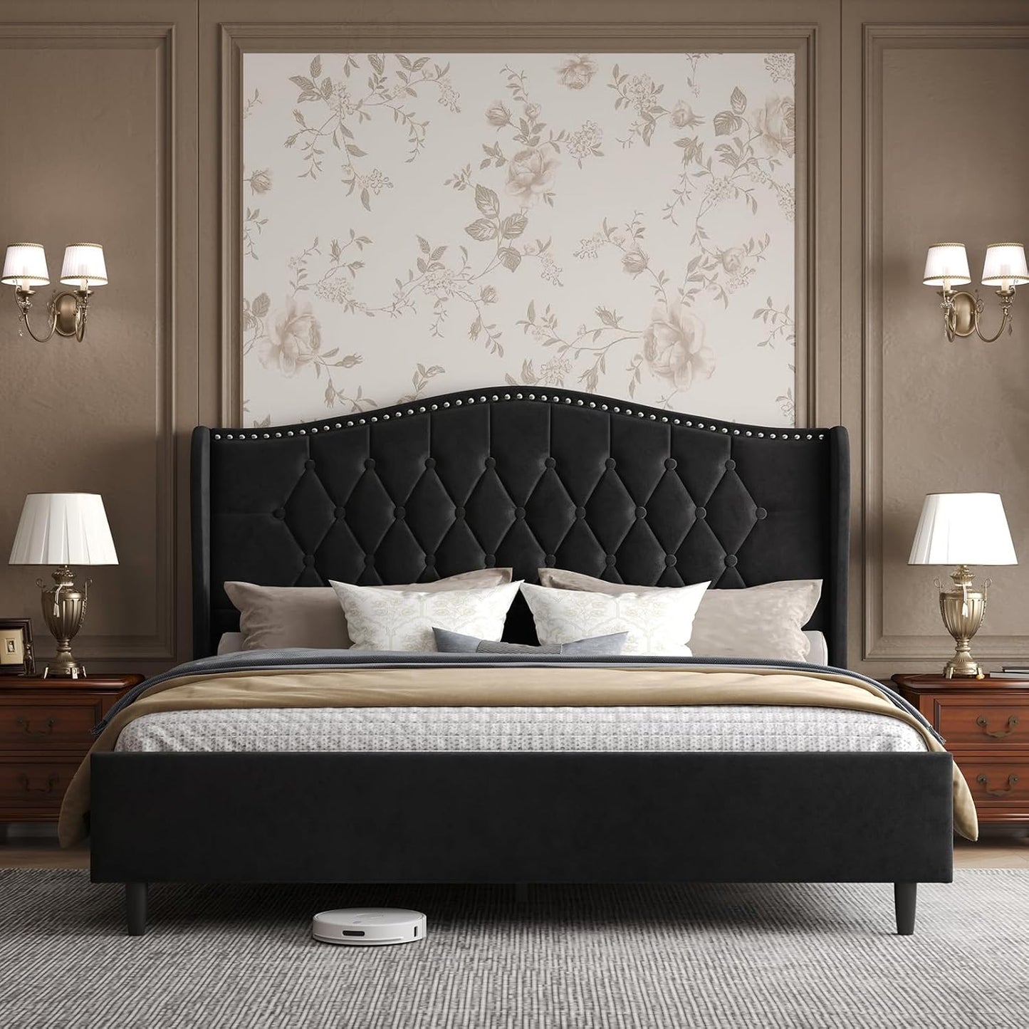 Belffin Full Size Bed Frame with Headboard, Luxury Upholstered Velvet Platform Bed with Wingback, Button Tufted & Nailhead Trim, Anti-Slide Tall Footboard, No Box Spring Needed, Noise-Free, Black