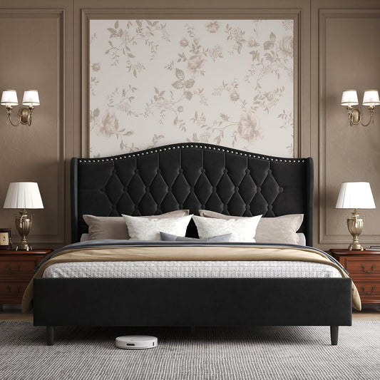 Belffin Full Size Bed Frame with Headboard, Luxury Upholstered Velvet Platform Bed with Wingback, Button Tufted & Nailhead Trim, Anti-Slide Tall Footboard, No Box Spring Needed, Noise-Free, Black