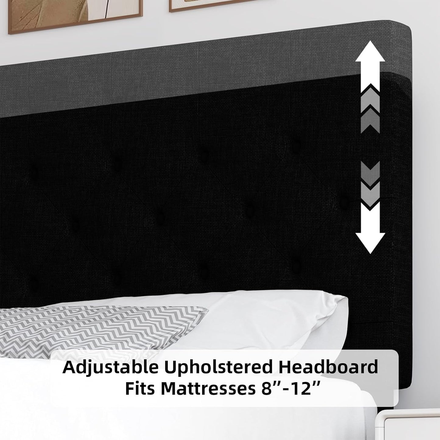 HOMBCK King Size Bed Frame with Headboard, Linen Fabric Upholstered Platform Bed Frame, Button Tufted Bed Frame King, Wooden Slat Support, No Box Spring Needed, Easy Assembly, Black